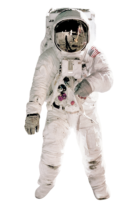 A cut-out photo of an astronaut in a full spacesuit
