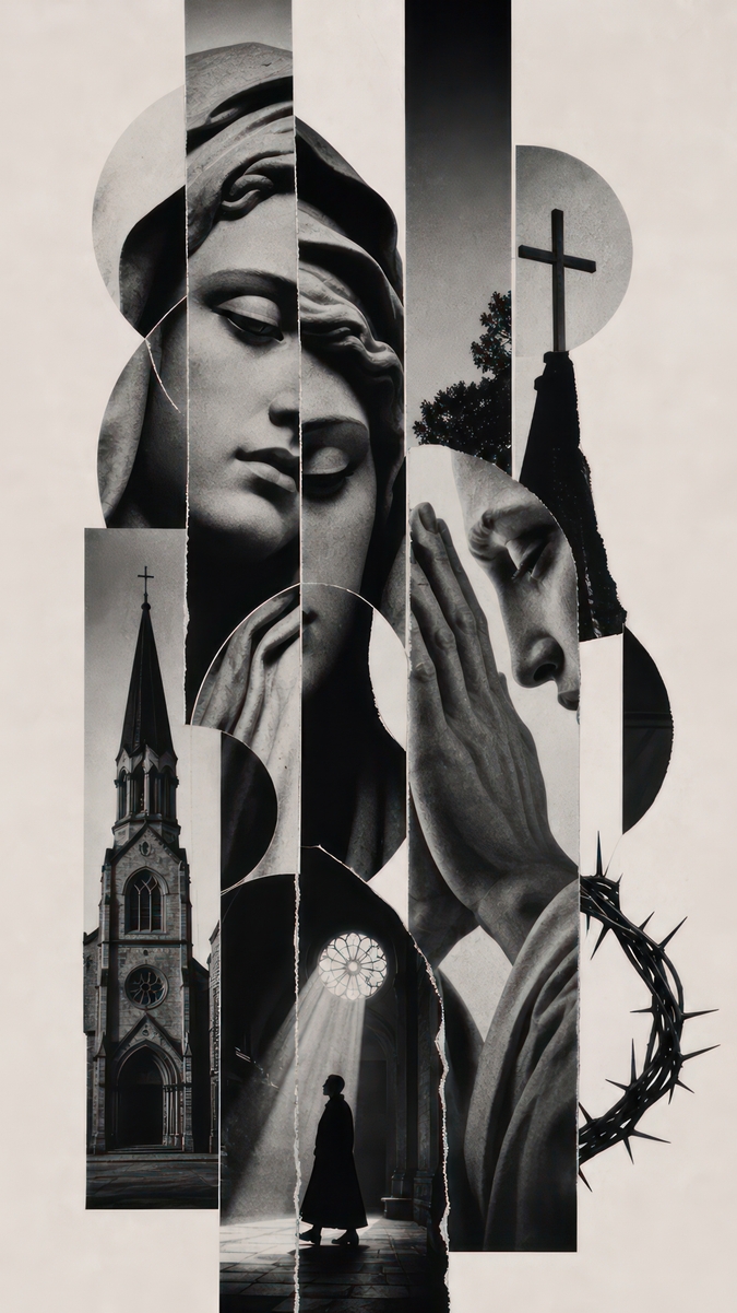 A black-and-white collage of praying hands and a watchful eye
