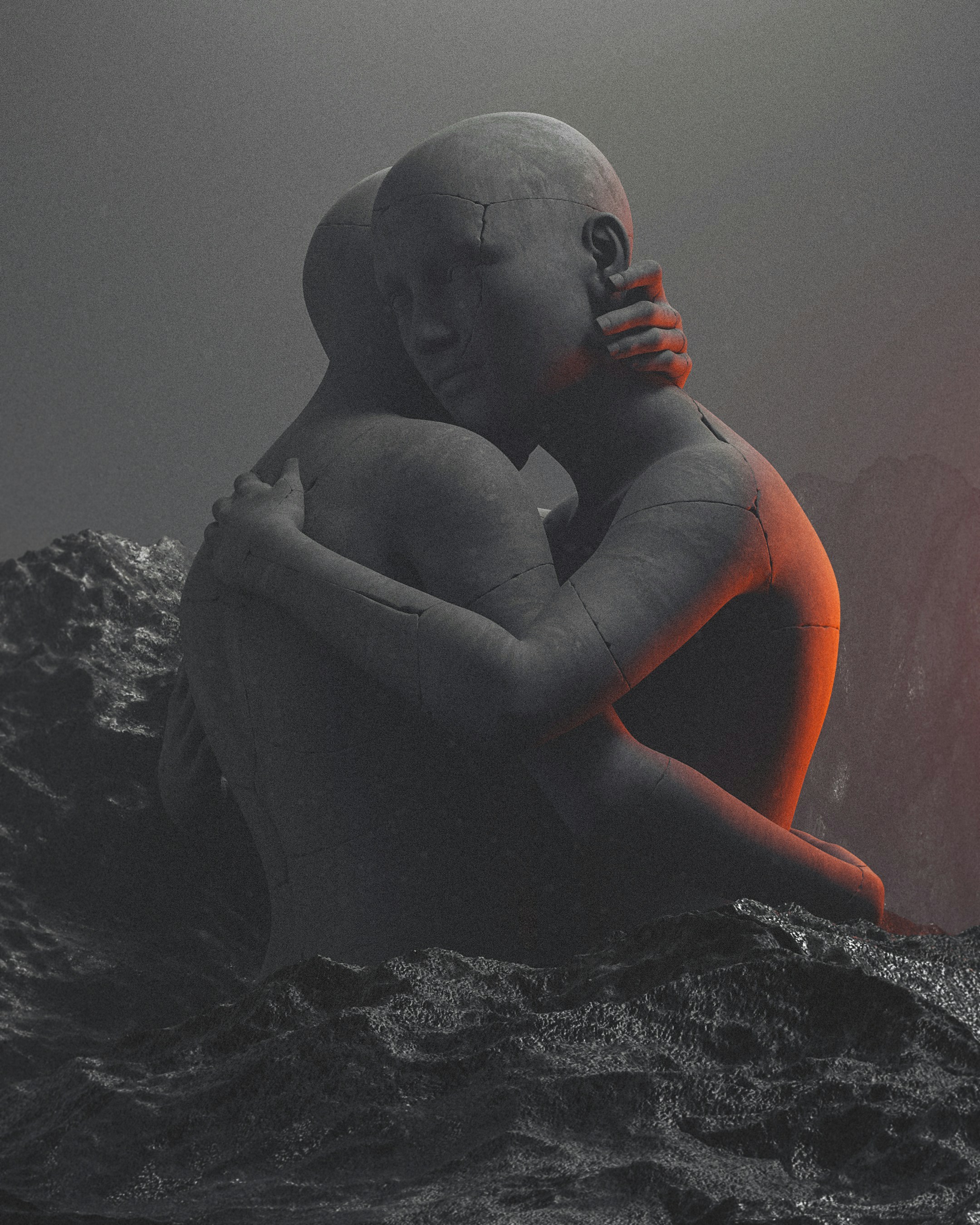 Two embracing clay figures lit by a warm red glow