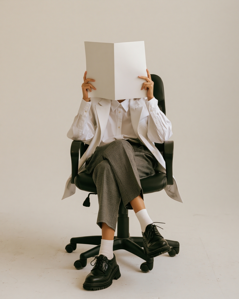 A figure sheltering behind an open book
