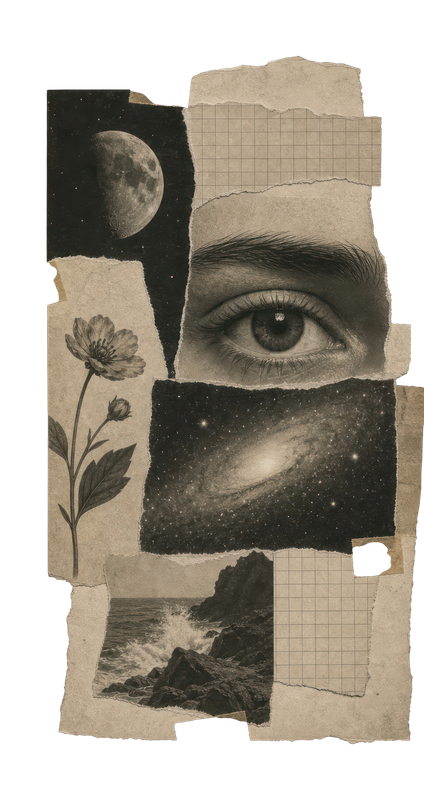 A mystical torn-paper collage of a watchful eye, moon, galaxy, and ocean