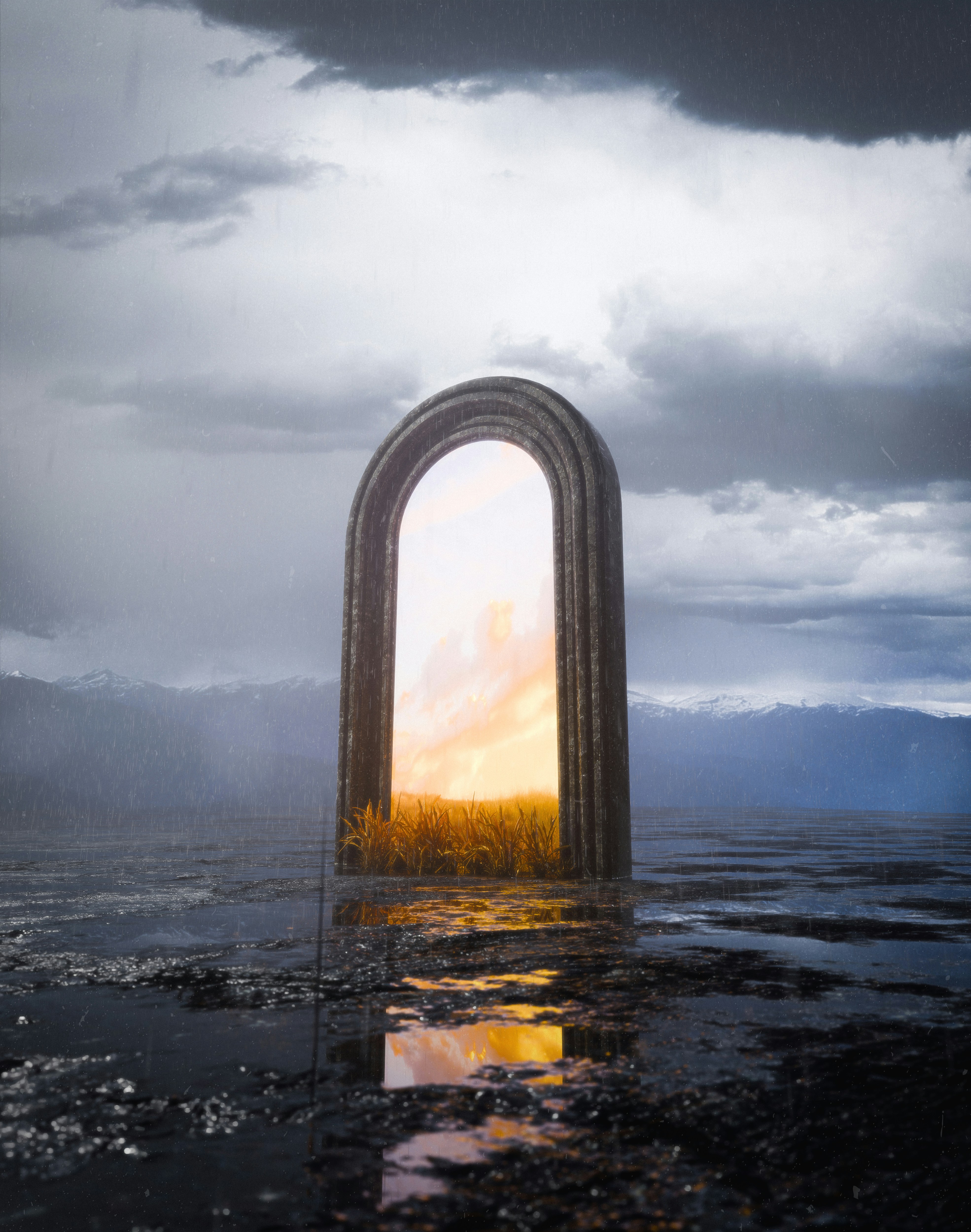 A rain-soaked stone archway